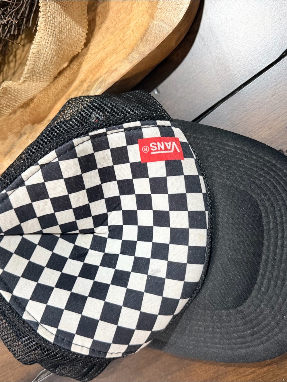 Vans Black Trucker Hat with Checkerboard Lining
